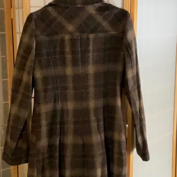 Brown, grey, beige plaid 3/4 length wool coat, double breasted, round collar - Picture 5 of 6